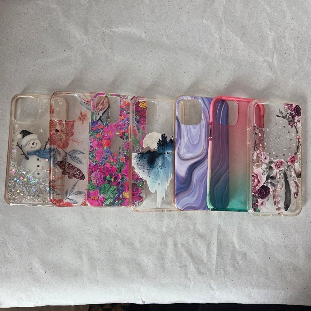 Lot Of 7 Iphone 12 Cases Bundle Bulk Colorful Variety Art Snowman Butterfly Moon